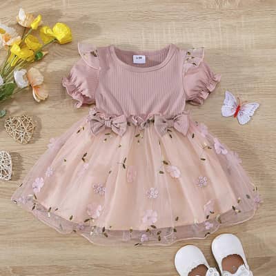 Pink Floral Embroidered Mesh Dress For girls3-6month