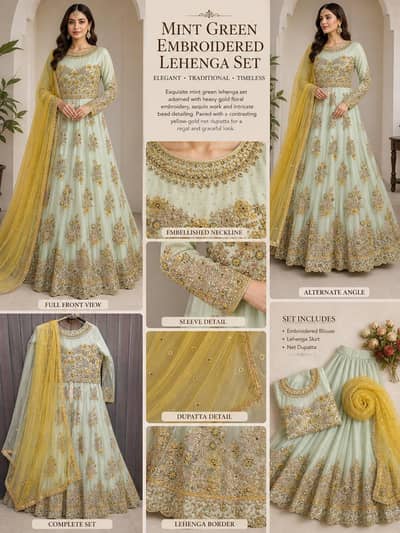 Mint Green and yellow Embroidered Lehenga Set