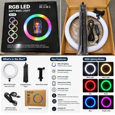 New RGB LED Ring Light MJ-36 Complete Kit + Tripod & Mobile Holder