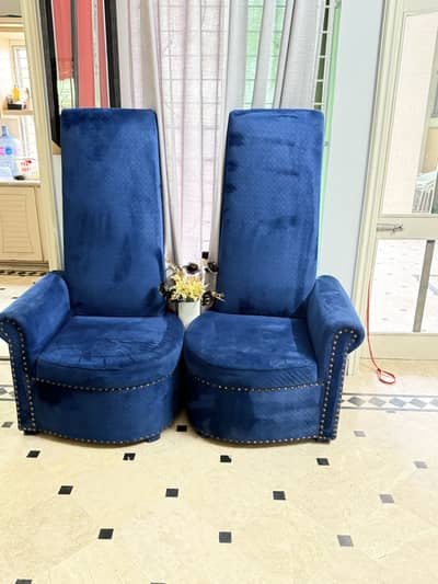 Luxury Blue Velvet 2 Sofa Chairs + Round Table | Excellent Condition