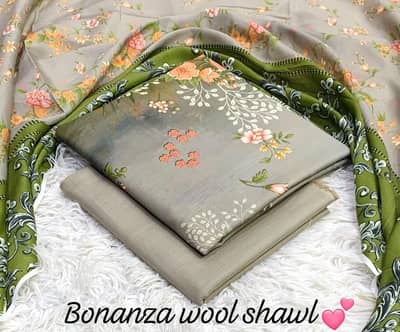 Bonanza Printed Khaddar 3pc Suit with Bumble Wool Shawl