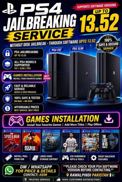 PS4 Jailbreaking Service upto 13.52 + Games Installation,