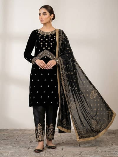 Velvet 3 Piece Suit / Embroidered Velvet Shirt Trouser / Velvet Shawl