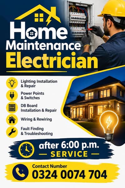 Home Maintenance Electrician – After 6 PM Service | Karachi