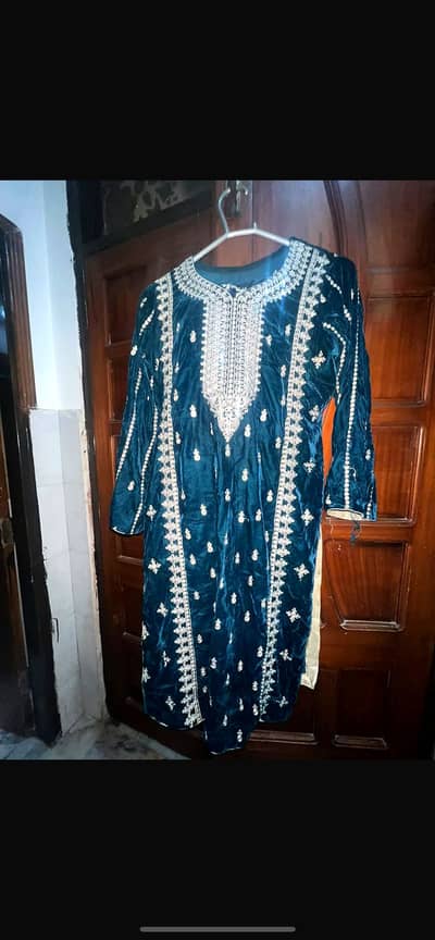Dark Teal Blue Velvet Fancy Suit - Heavy Tilla Embroidery