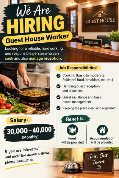 Guest House Worker| male Jobs | Rawalpindi | Islamabad