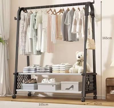 Dual Pole Clothes Rack With Shoe Storage,Simple clothing rackwith4trie