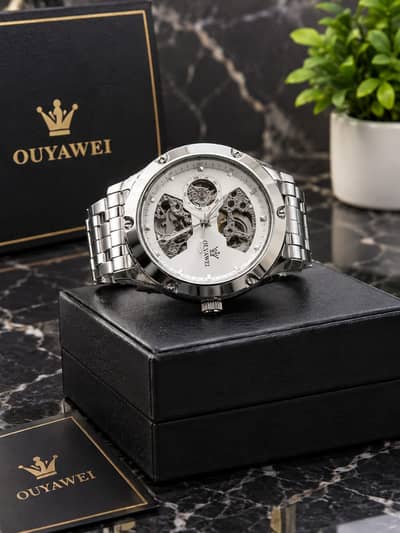 OUYAWEI Men's Automatic Skeleton Mechanical Stainless Steel Watch