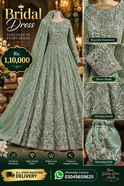 Title:  Elegant Green Bridal Dress – Premium Handwork | Rs. 110,000