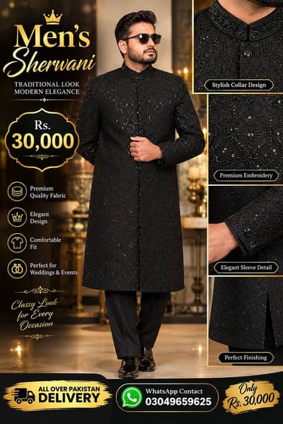 Title:  Black Men’s Sherwani – Premium Embroidery | Rs. 30,000