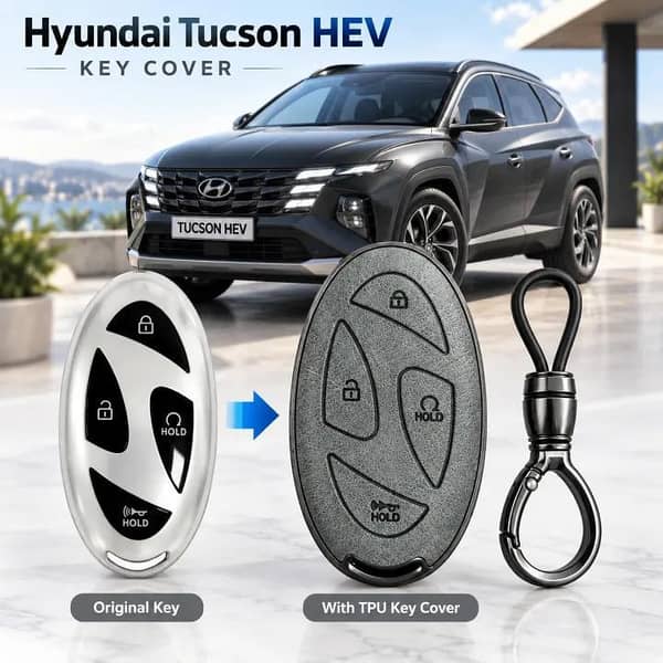 Hyundai Tucson HEV TPU Key Cover with Metal Keychain | Premium Smart Key Case