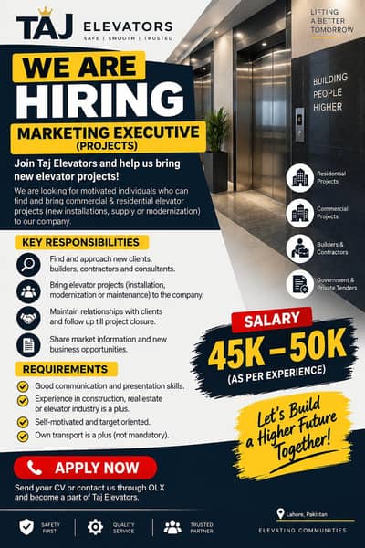 Marketing Executive Required – Elevator Projects | Salary 45K–50K