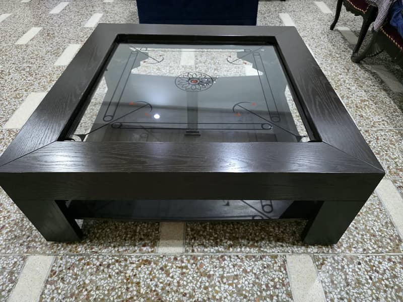 Coffee Table 46x46 with Carrom Board – Glass Top, Wood Frame 1