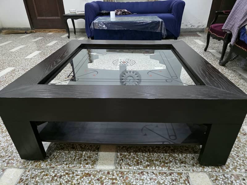 Coffee Table 46x46 with Carrom Board – Glass Top, Wood Frame 2