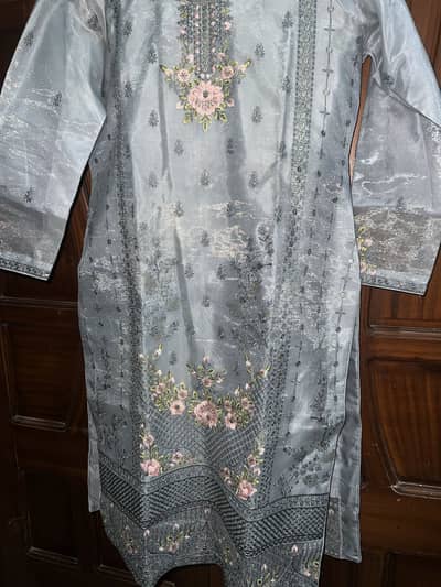Light Grey Organza Fancy Kurta - Pink Floral Embroidery - Party Wear -
