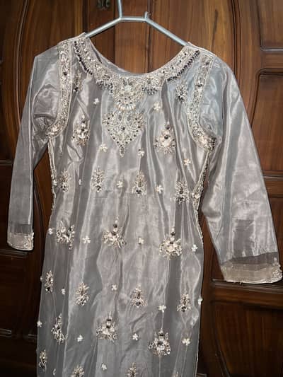 Silver Grey Net Organza Fancy Suit - Heavy Stone & pearl work