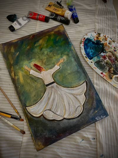 Sufi whirling divish acrylic paint 18x12 canvas