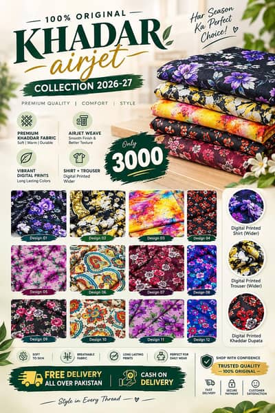 100% Original Khaddar Airjet 3 Piece Suit | Digital Printed | COD