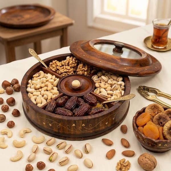Brass Wooden Dry Fruit box with Glass Top | Luxury Hand Carved Dry Fruit Box