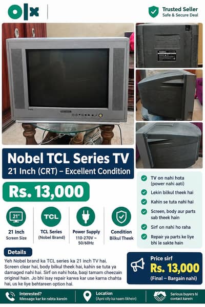 Nobel TCL Series 21 Inch CRT TV – Excellent Condition – Rs. 13,000