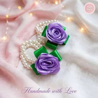 Handmade Pearl bracelet  with Ribbon Rose ~ 1 pair