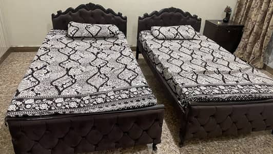 Pair of single wooden bed in dark brown color