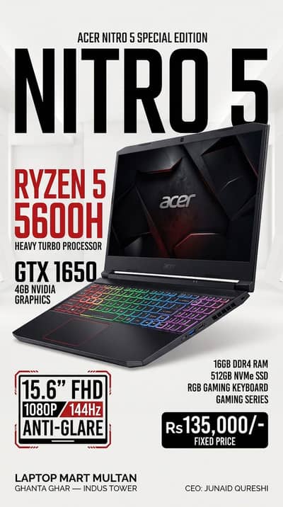 (ACER NITRO 5) RYZEN 5 (5600 H) With GTX 1650 (4gb GPU) 144HZ Display