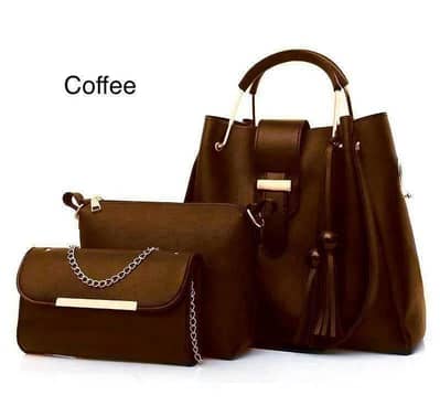 Womens 3 Piece PU Leather Coffee Hand Bag Set`
