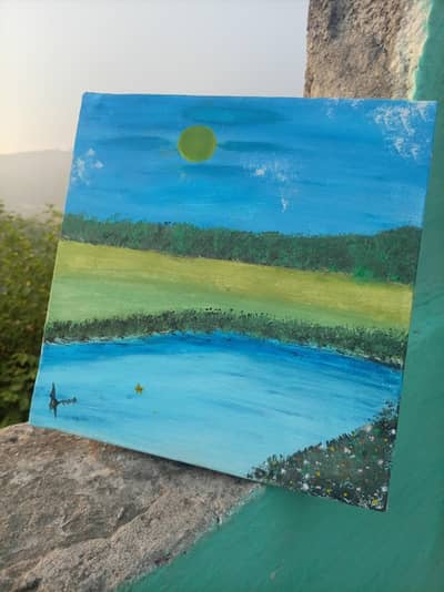 Handmade Nature Painting - Beautiful Lake and Sun Scenery