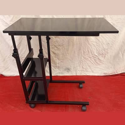 Adjustable Black Laptop Table with Wheels, 2-Tier Storage Shelf