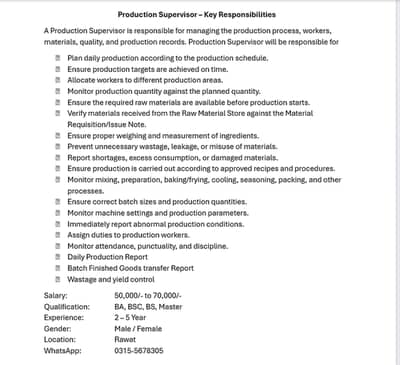 Production Supervisor for Nimko & Chips Manufacturing