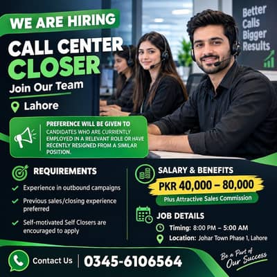 Closers Required, Call Closers ,Call Center Jobs, Male & Female