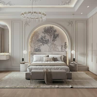wall molding. media wall. french wall. interior design. bedroom design