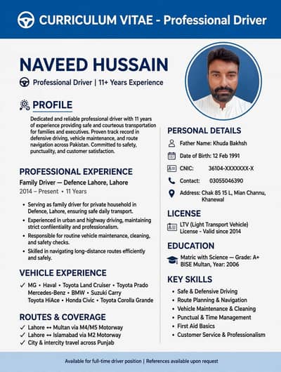 Family driver 11year experience in lahore DHA