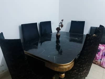 Used 6-Seater Marble Finish Dining Table Set, Black & Gold Accent