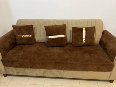3+2 Seater Luxury Sofa Set – Brown & Beige Velvet (1 Year Used)