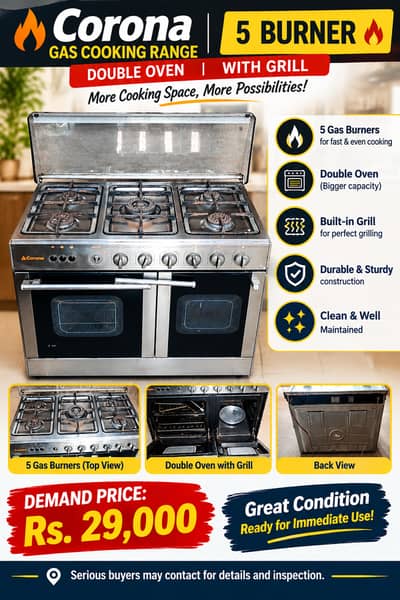 Corona 5 Burner Gas Cooking Range – Double Oven & Grill