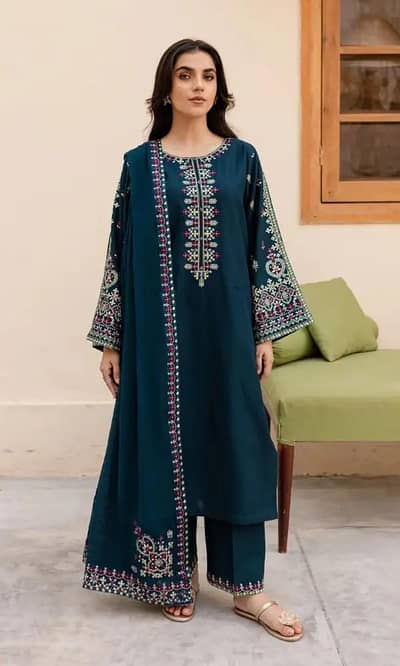 Premium 3-Piece Unstitched Winter Dhanak Suit - Blue