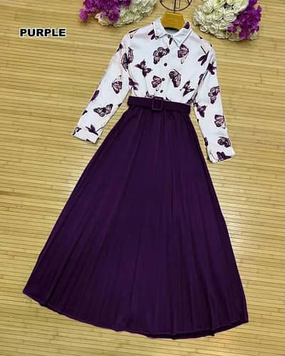 stylish purple floral top with pleated skirt 2 piece