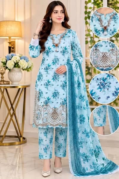 Lakhany 3 Piece Stitched Printed Embroidered Lawn Suit with Organza D