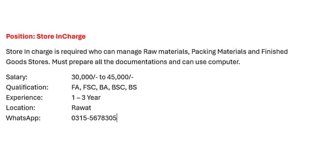 Store Incharge for Nimko & Chips Manufacturing