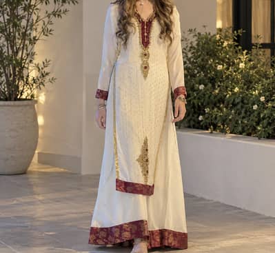 Cream & Maroon Embroidered Formal Dress | Like New