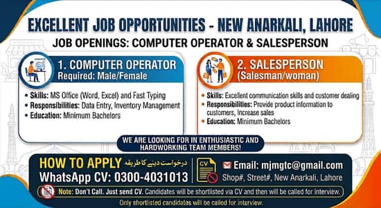 Sales Person/Computer Operator Required
