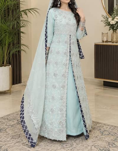 beautiful classy ice blue maxi for bridal valima event