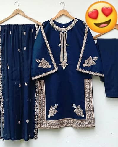 navy blue fancy embroided 3piece shamoz silk suit with organa dupatta