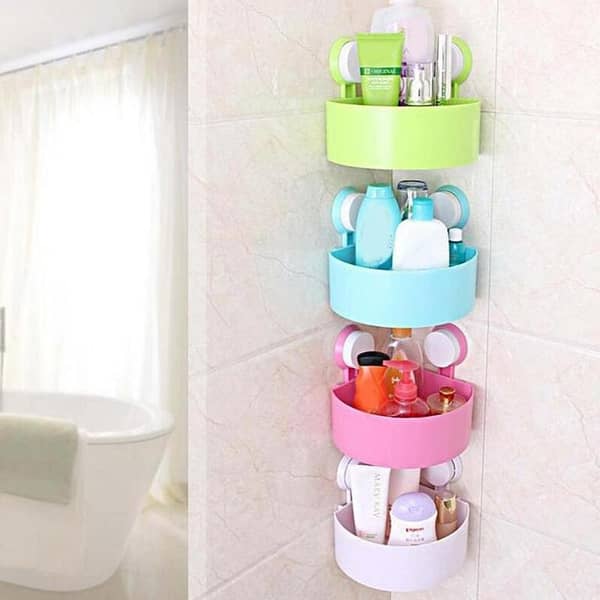 T  1Pcs Triangle Bath and Kitchen Corner Storage Shelf with Suction Cup - Multicolour