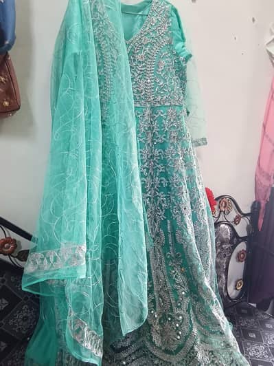 Fancy Sea Green Maxi Dress with Heavy Silver Embroidery & Dupatta