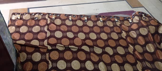 Brown gold patterned eyelet curtains with rings (2pc)