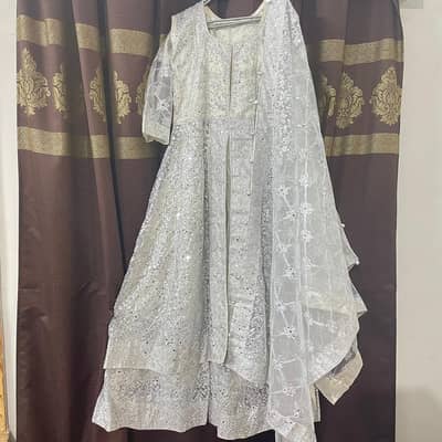 Heavy Ivory Nikah Maxi-Bridal Dress-Silver Work- Wedding Wear