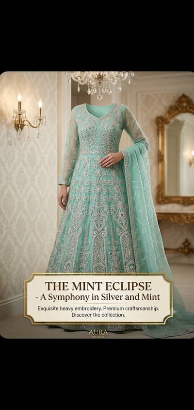 Fancy Sea Green Maxi Dress with Heavy Silver Embroidery & Dupatta
